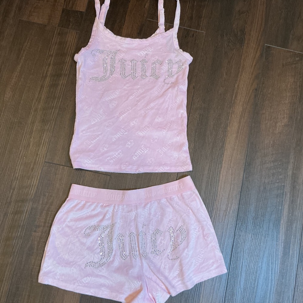 Juicy Couture Velour Pajama Set Pink Rhinestone Cami Shorts Small Y2K Lounge